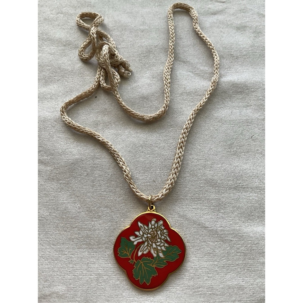vintage cloisonné enamel necklace Clover-shape Red Estate Jewelry